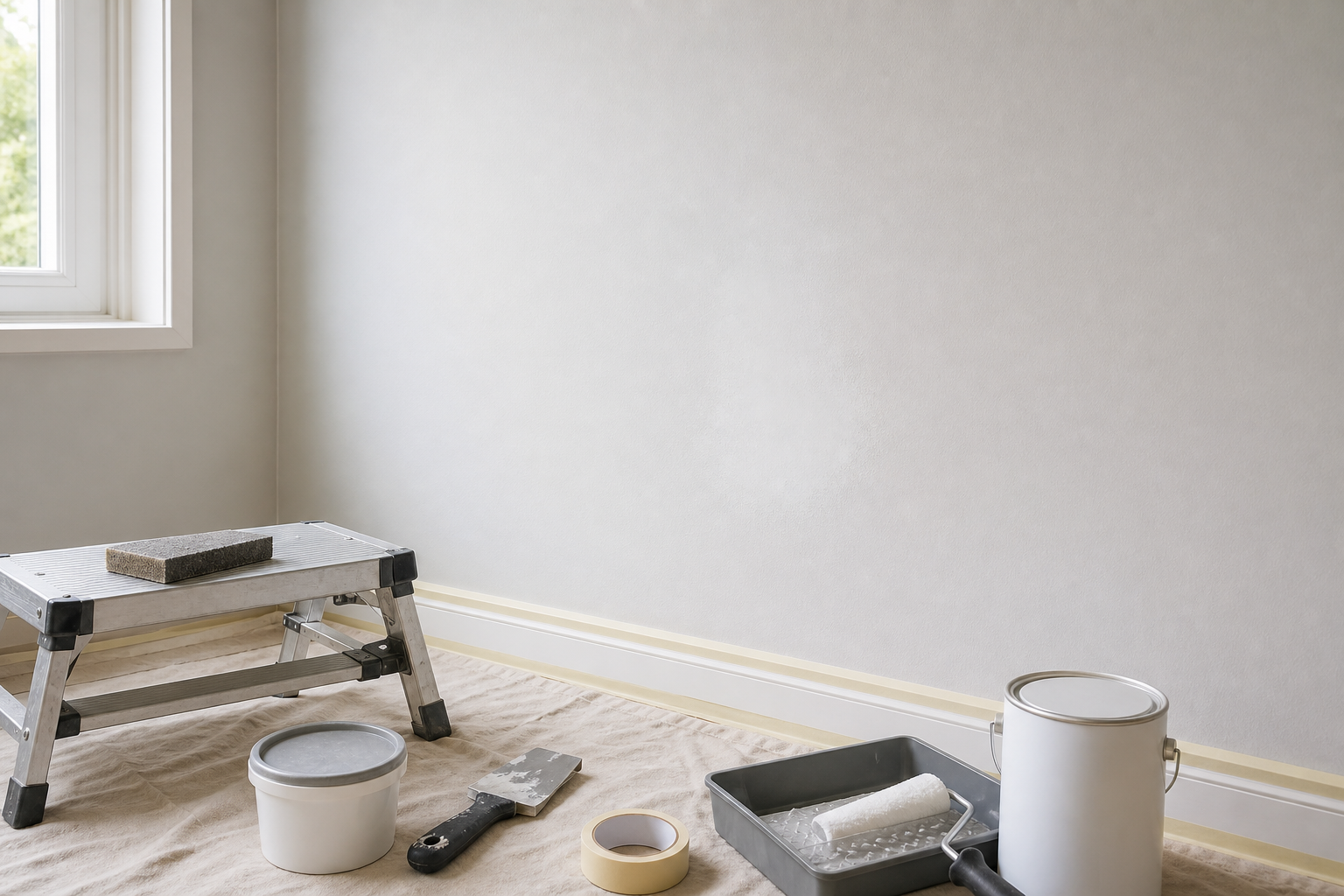 Room prepared for painting with a step stool, paint cans, and rollers on a drop cloth.