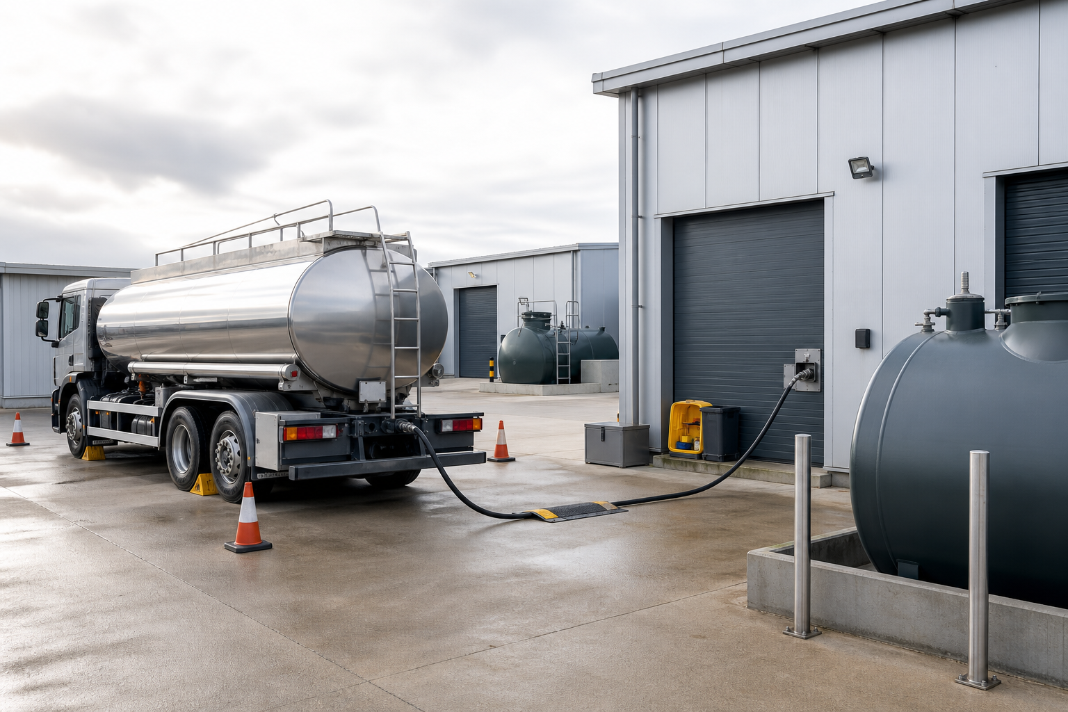 Tanker truck transferring liquid to storage tank at an industrial site.