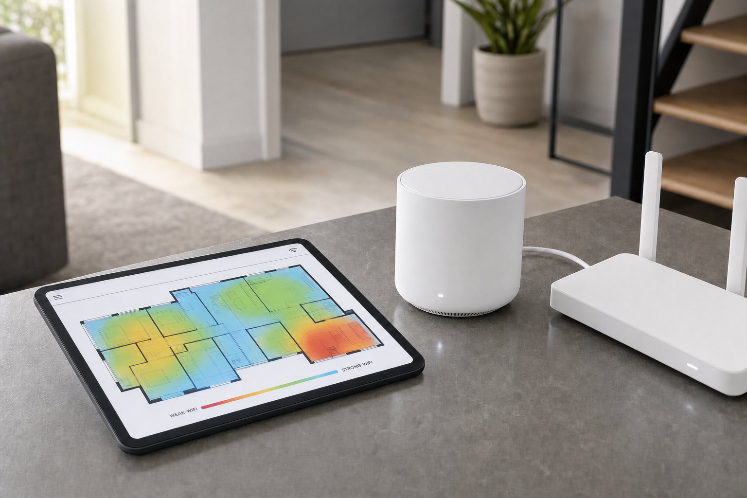 Tablet displaying a Wi-Fi signal heat map next to a router and a circular device on a table.