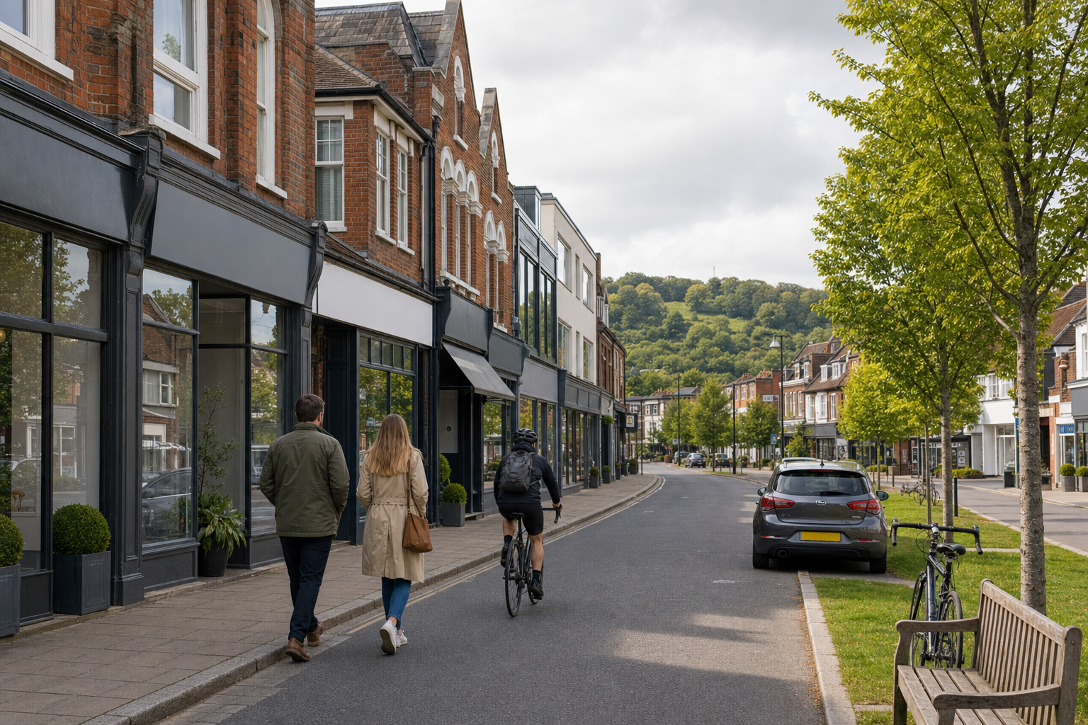 A couple walks along a quiet, tree-lined street next to a cyclist in a small town with hilly greenery in the background.