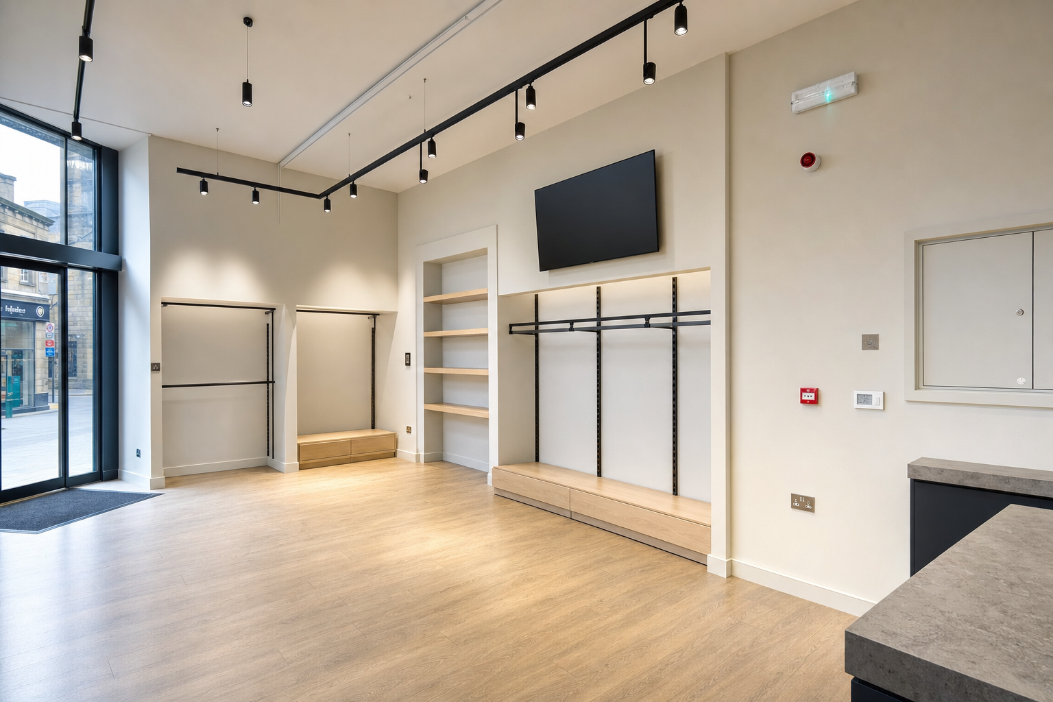 Modern retail space with wooden flooring, built-in shelves, and wall-mounted screens.