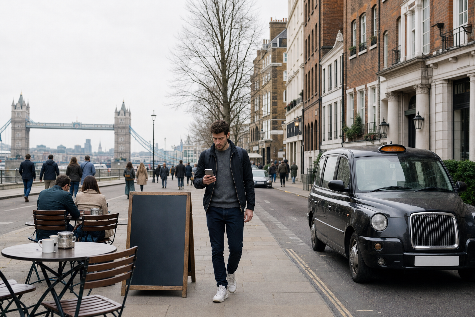 Man walking along a Thames riverside pavement checking phone, with Tower Bridge in the background and a black cab parked nearby.