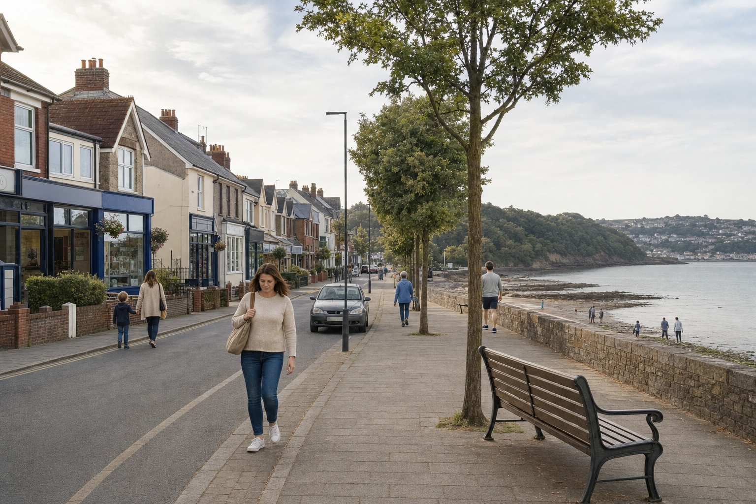 People stroll along a coastal road lined with colourful houses and trees, with a view of the sea and distant hills.