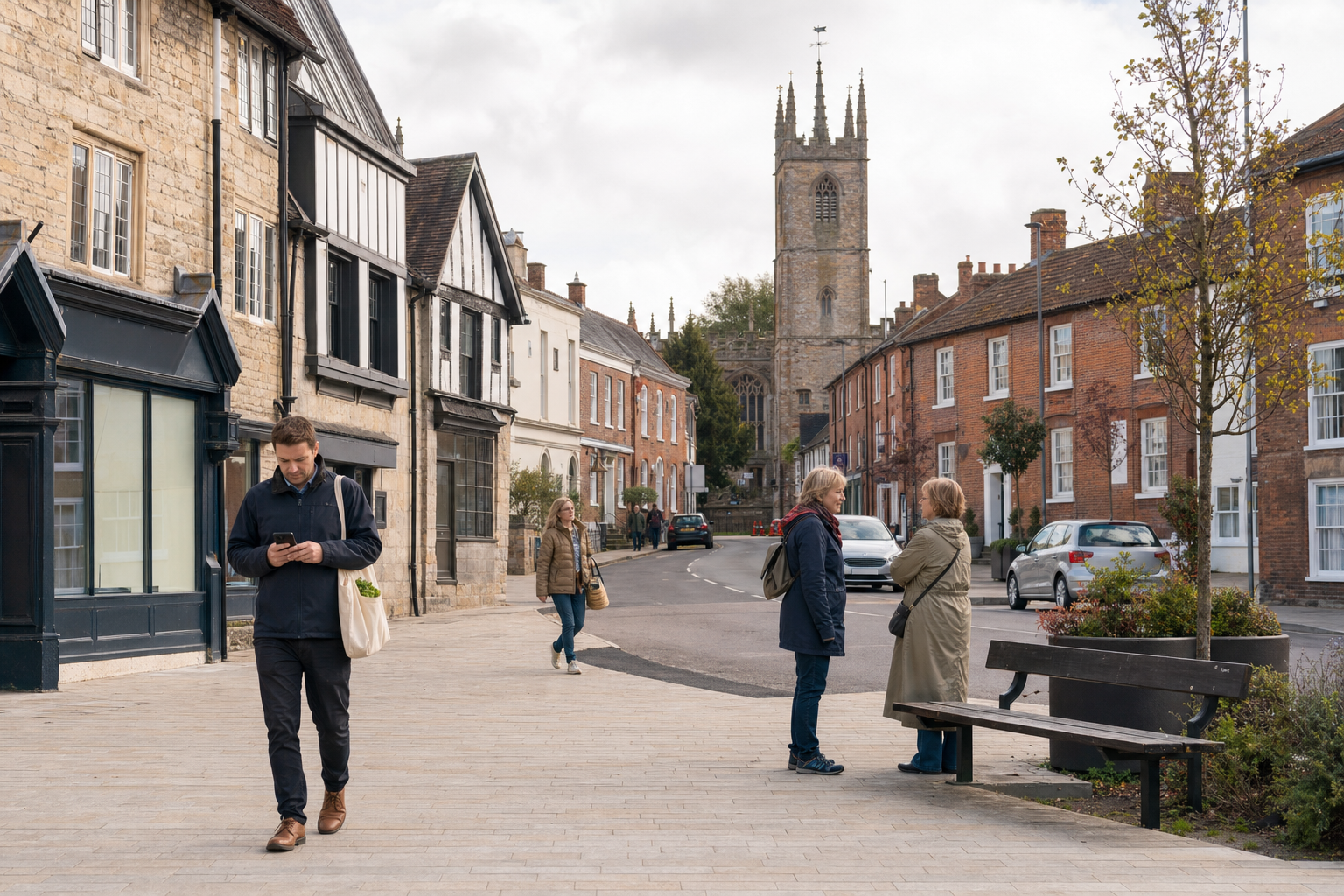 People walk and chat on a quaint street with historic buildings and a church tower in the background.