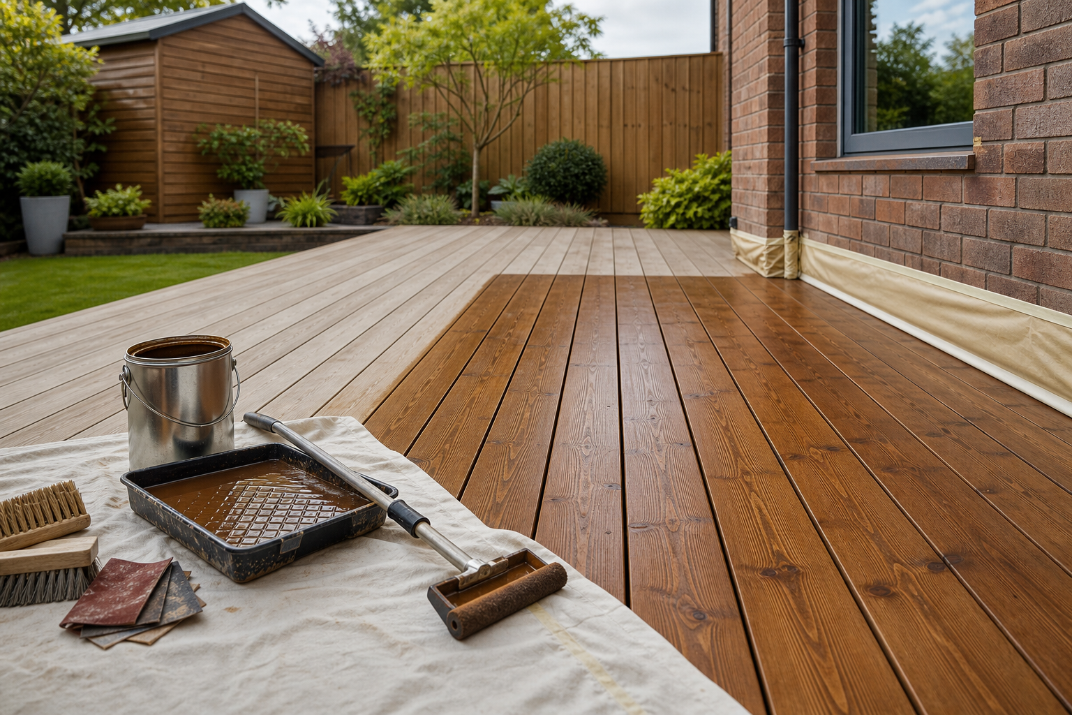 Wooden deck partially stained with paint supplies on a tarp nearby.