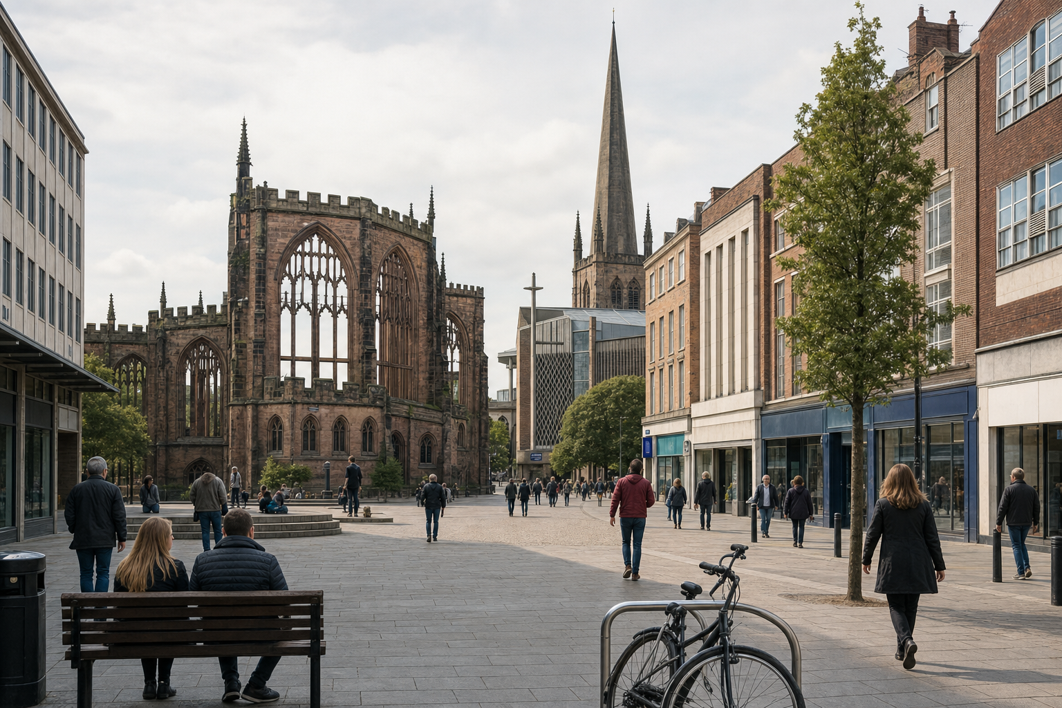 People walk near the ruins of Coventry Cathedral with the new cathedral and spire visible in the background.