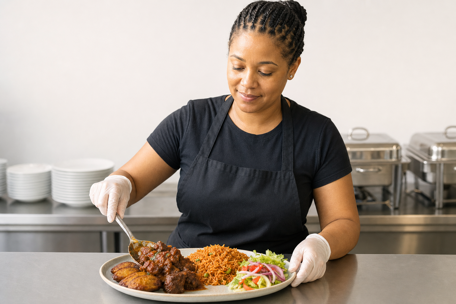 Chef plating a dish with fried plantains, jollof rice, and salad in a professional kitchen.
