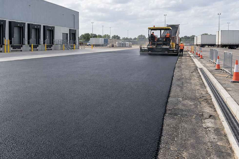 A road roller and crew pave a smooth, new tarmac surface near a warehouse loading bay.