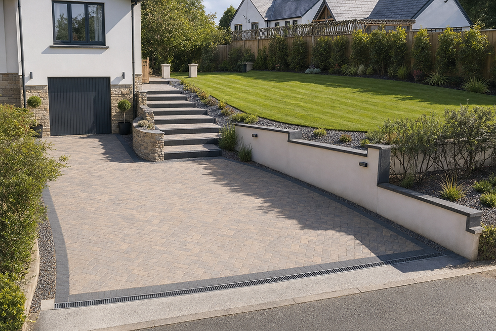 Modern house with a paved driveway, steps leading to a grassy garden, and stone accents.