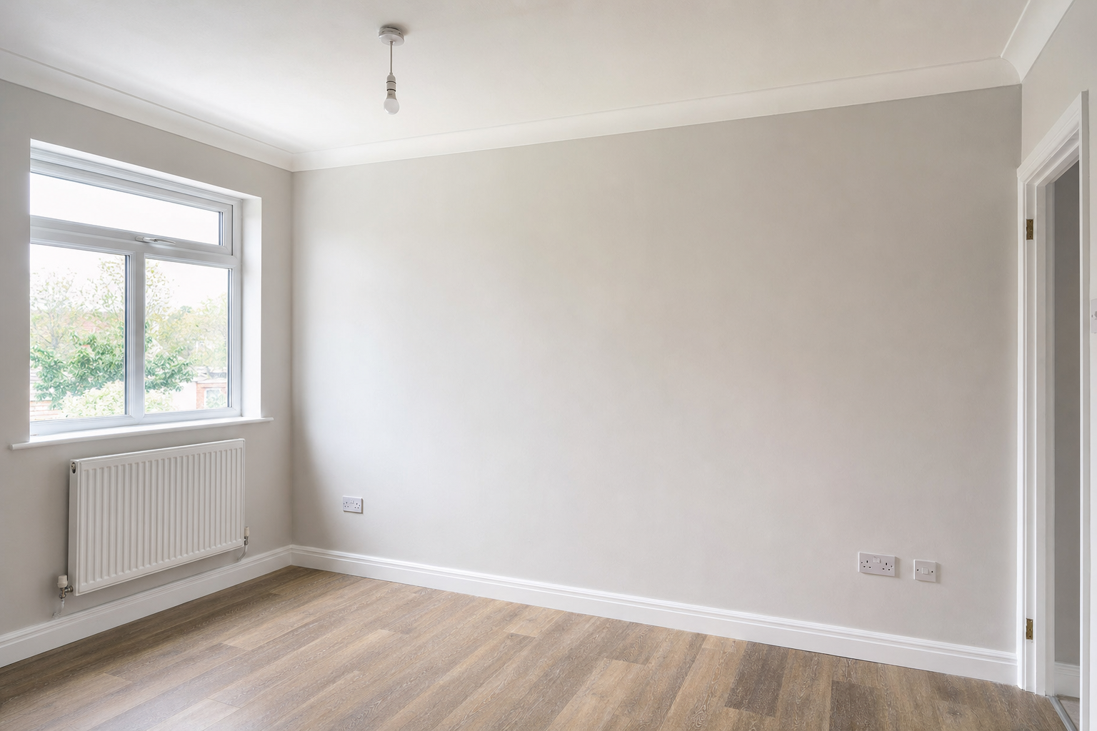 Empty room with white walls, wooden flooring, a window, and a radiator, featuring a single light bulb hanging from the ceiling.