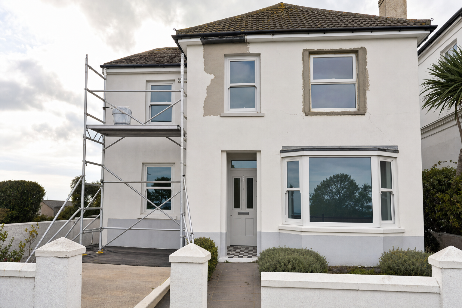 A white house undergoing exterior renovations with scaffolding and partially applied fresh render.