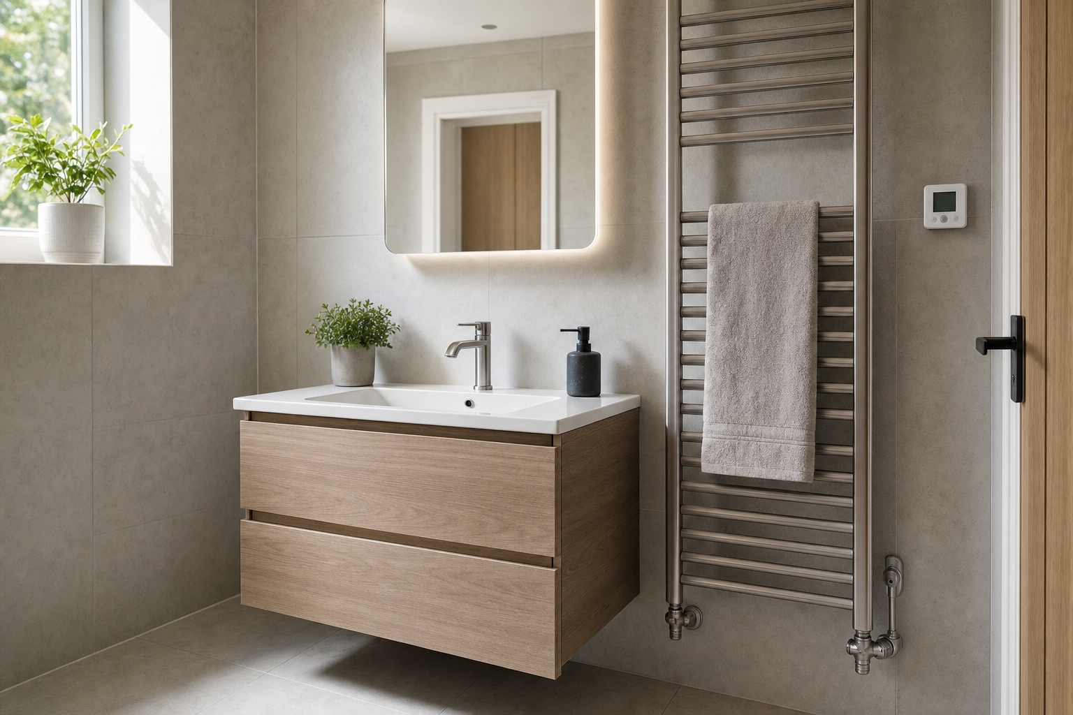 Modern bathroom with a wall-mounted wooden vanity, illuminated mirror, and towel radiator beside a window with a plant.