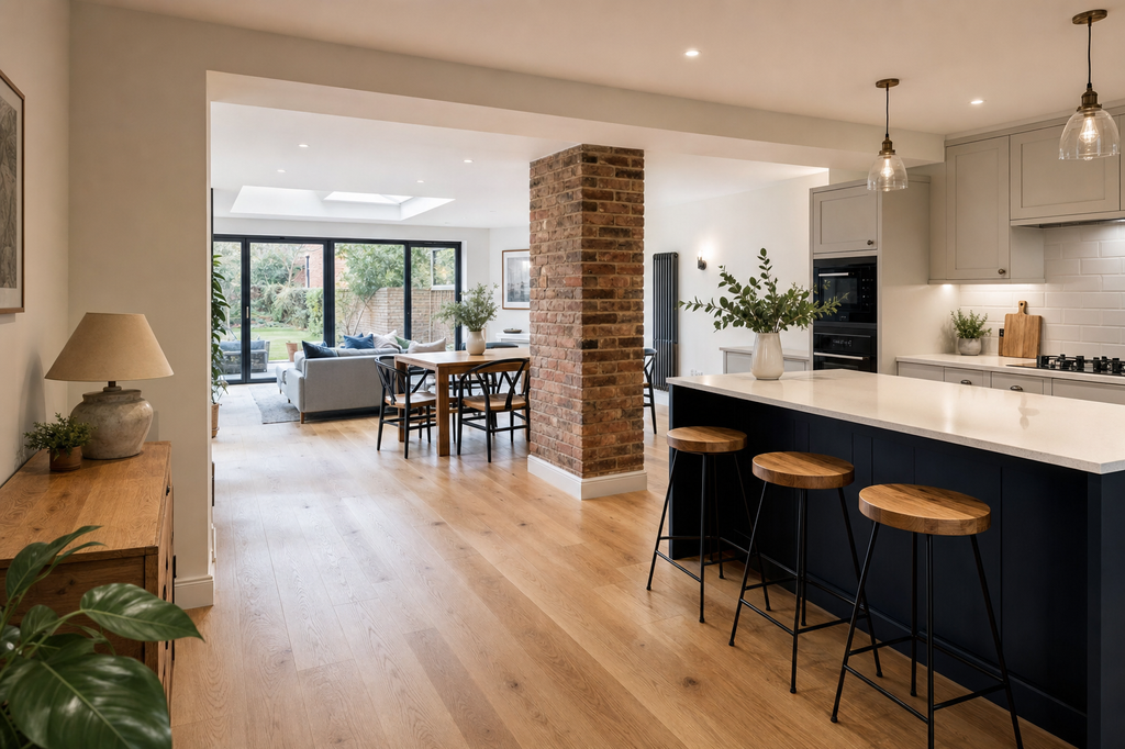 Modern open-plan kitchen and living area with a central brick pillar and large windows overlooking a garden.