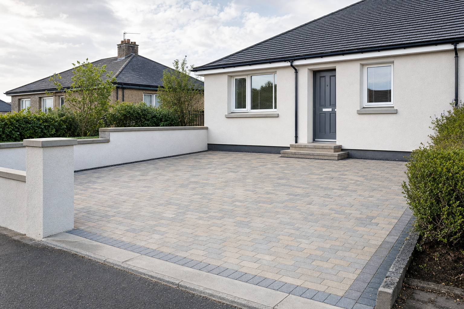 Modern bungalow with a neatly paved driveway and grey front door, surrounded by a low white wall and green shrubbery.