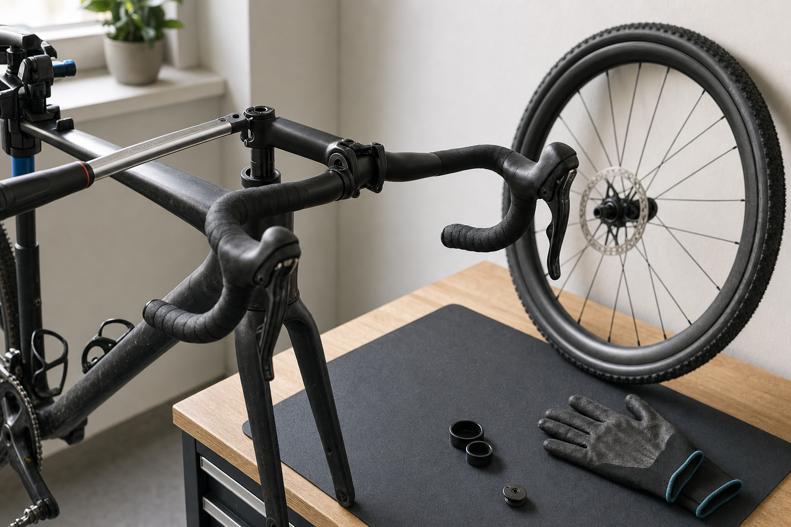 Bicycle repair stand with a bike frame and toolset, including a detached front wheel and gloves, on a workbench in a bright room.