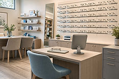 Optician's office interior with glasses on display, modern decor, and sleek furnishings.