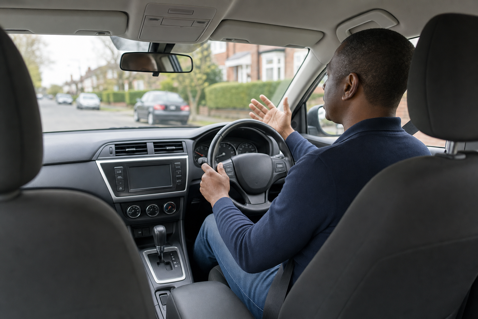 Man in a car gestures expressively while driving down a suburban street.