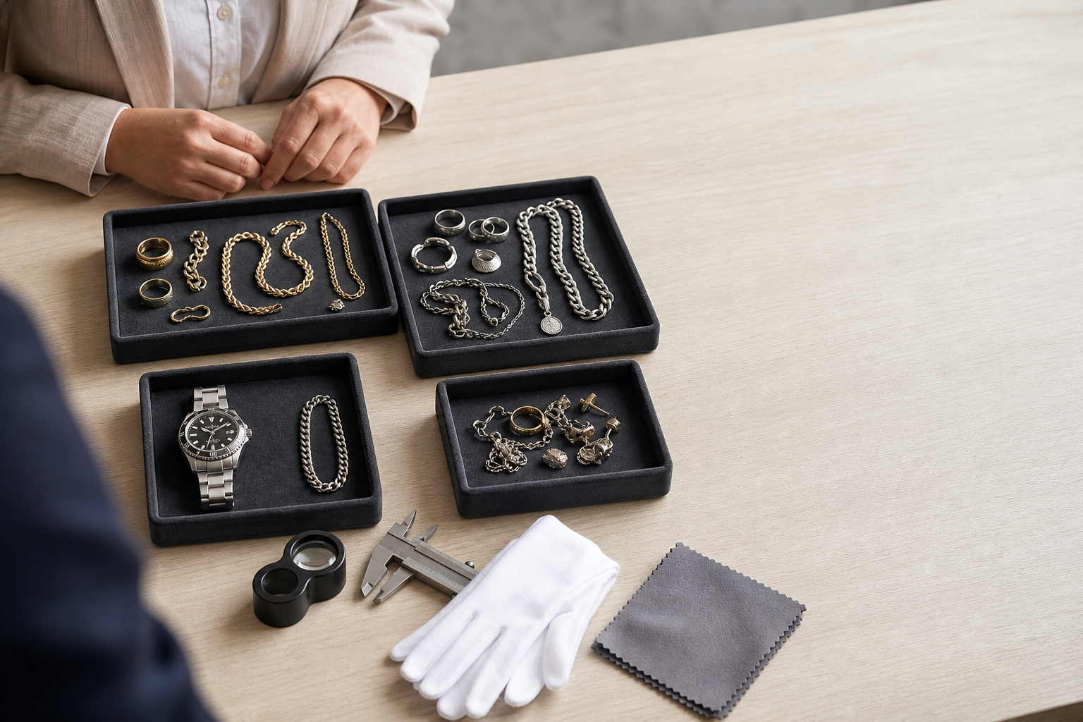 Person evaluating trays of jewelry and watch with tools on a table.