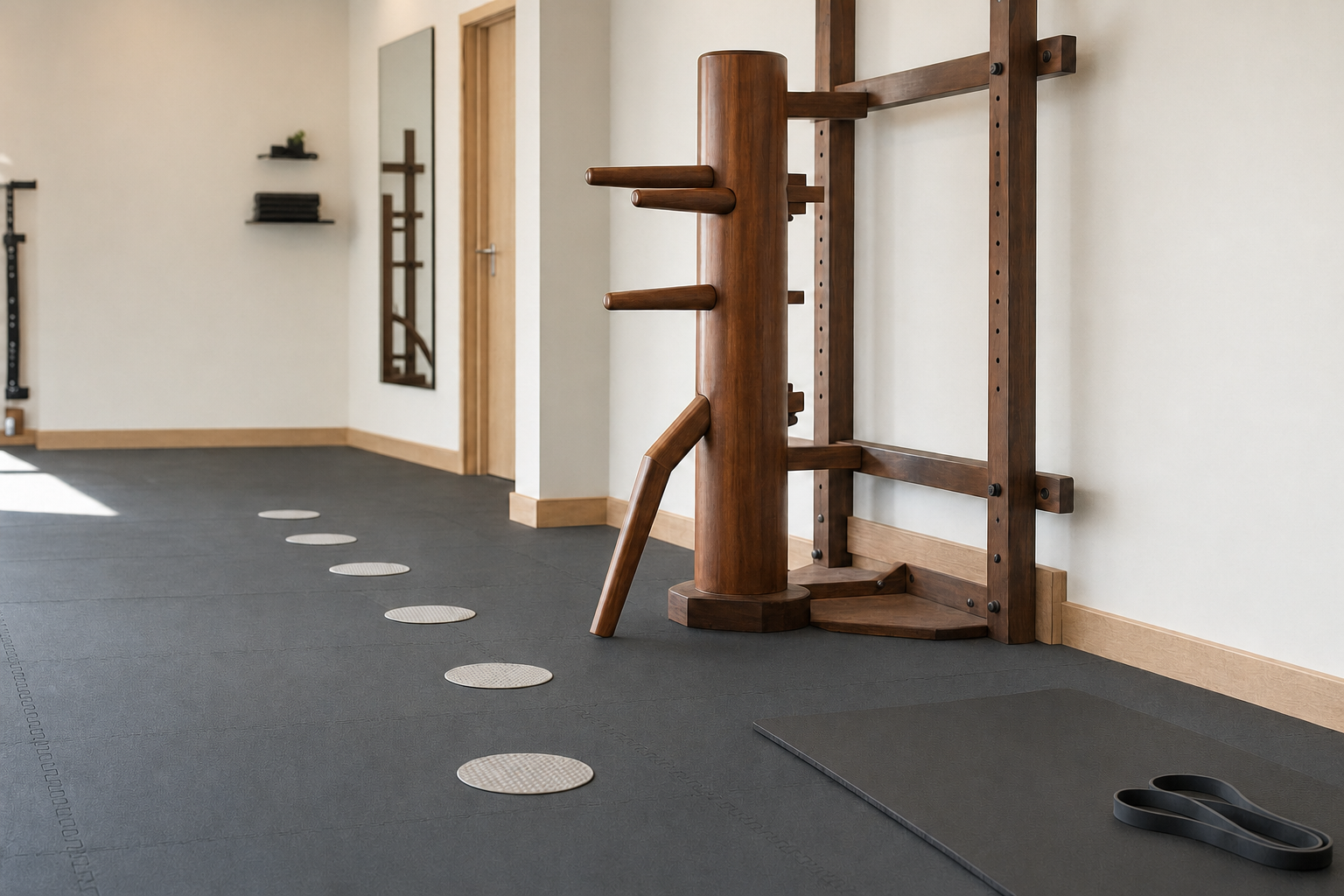 Martial arts studio with a wooden Wing Chun dummy and training equipment on a padded floor.