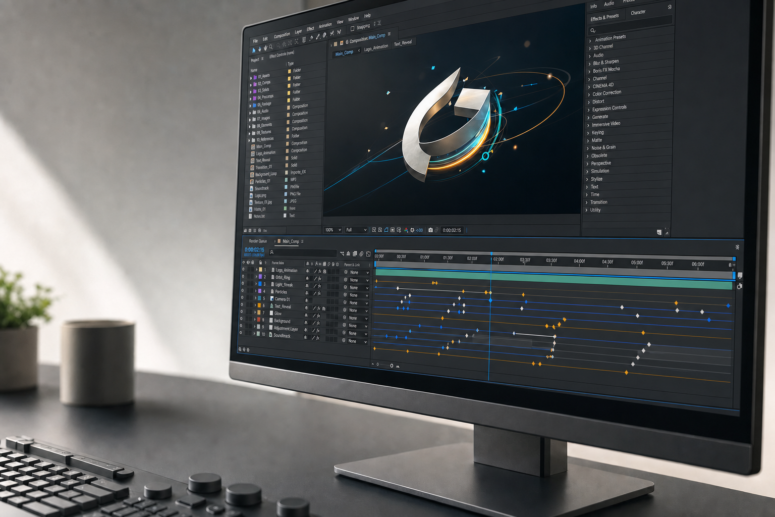 A computer monitor displays a sleek 3D logo animation being edited in specialist software.