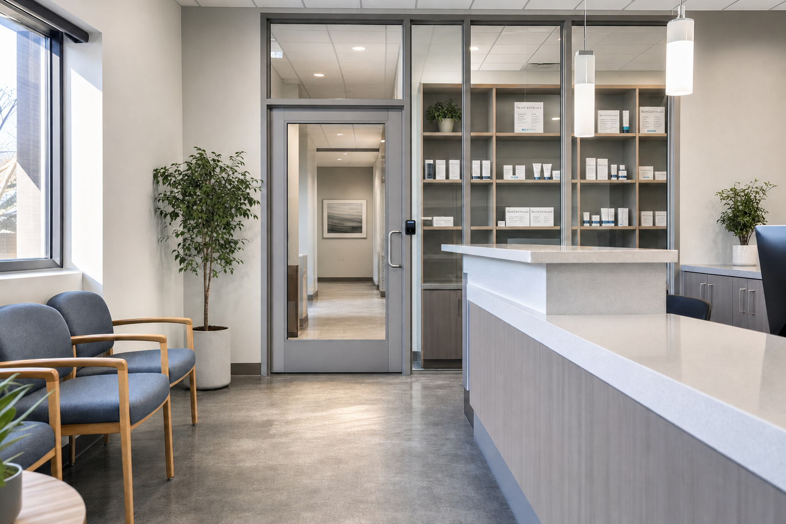 Modern waiting area with blue chairs, a potted plant, and a reception desk in a well-lit interior space.