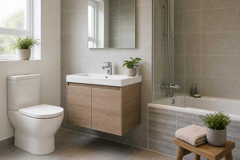 Modern bathroom with a floating vanity, toilet, and shower-tub combo, accented with plants and neutral tones.