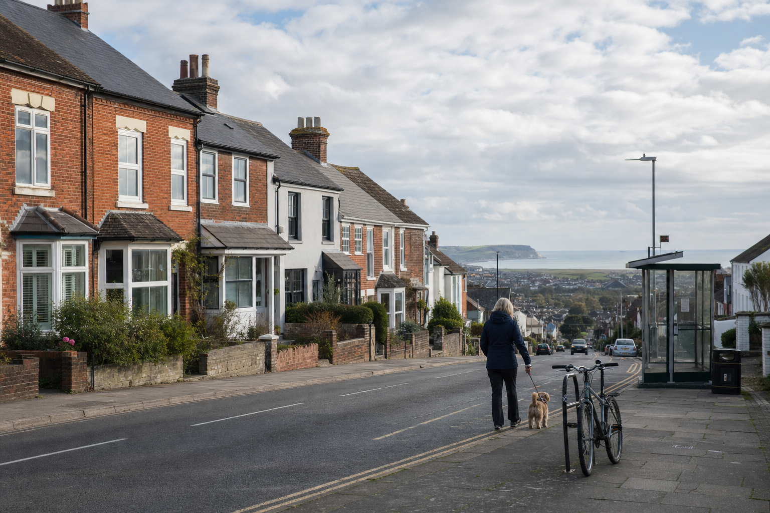 A person walks a dog on a quiet residential street overlooking the sea, with bicycles parked near a bus shelter.