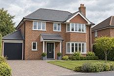 Brick two-storey house with a garage, manicured lawn, and paved driveway, set under a cloudy sky.