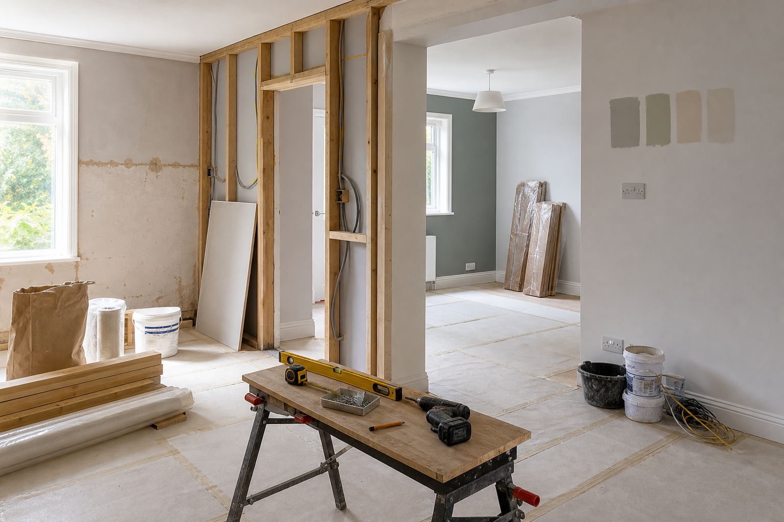 Room under renovation with exposed framing, tools, and paint samples on the wall.