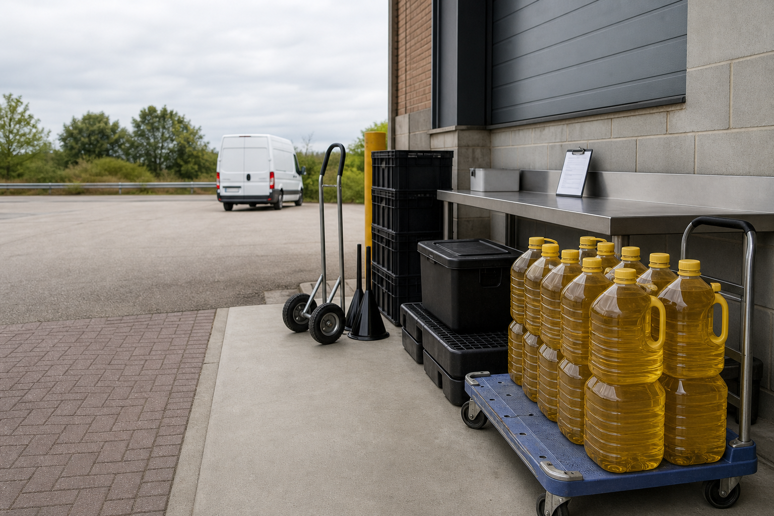 Yellow liquid containers on a blue cart near a loading dock with a white van in the background.