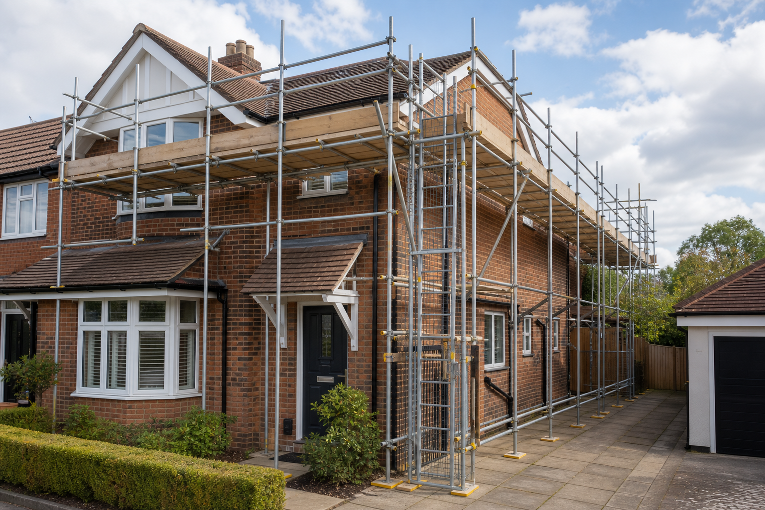 Two-story brick house under construction with scaffolding on the roof.