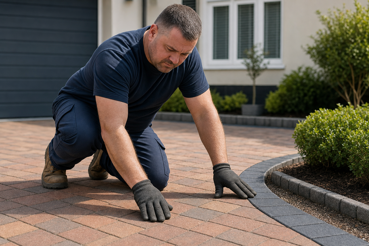 A man kneels on a brick driveway inspecting the paving, with shrubs and a house in the background.