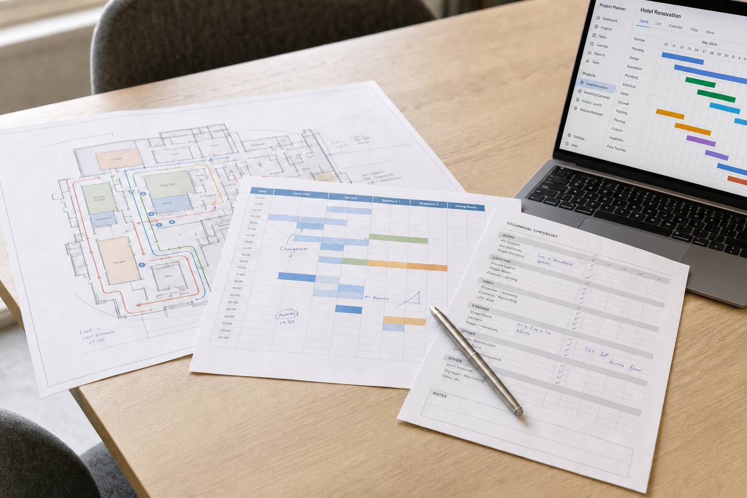 Floor plans, a schedule, and a checklist are laid out on a table next to an open laptop displaying a project management tool.