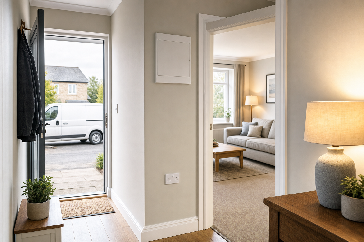 View of a cosy living room from a hallway with an open door leading outside to a parked white van.