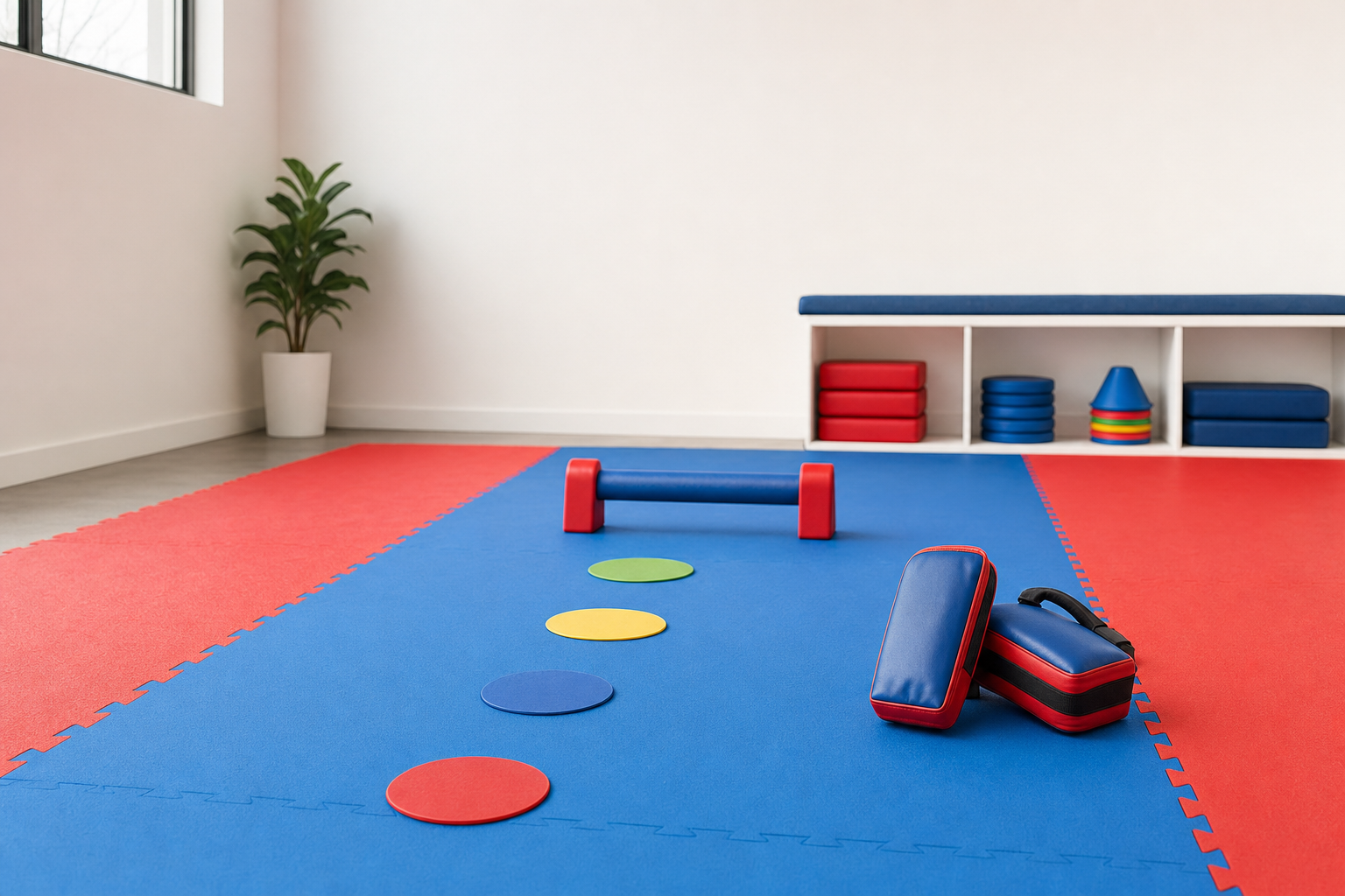 A colorful gym with mats, foam blocks, and pads arranged for children's activities, with a potted plant in the corner.