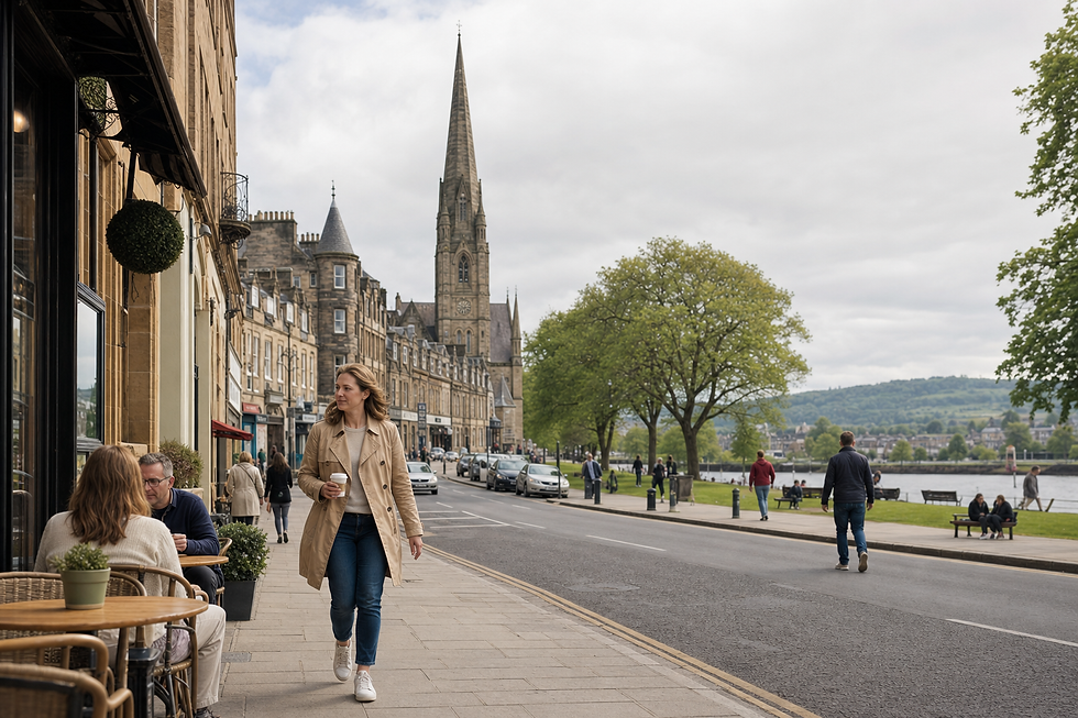 A woman walks with a coffee past outdoor café tables on a street lined with historic buildings and a tall church spire.