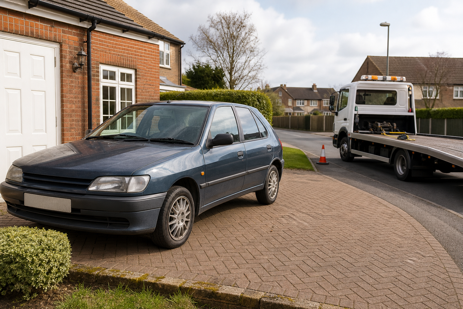 Blue hatchback parked in a driveway with a tow truck on the street nearby.