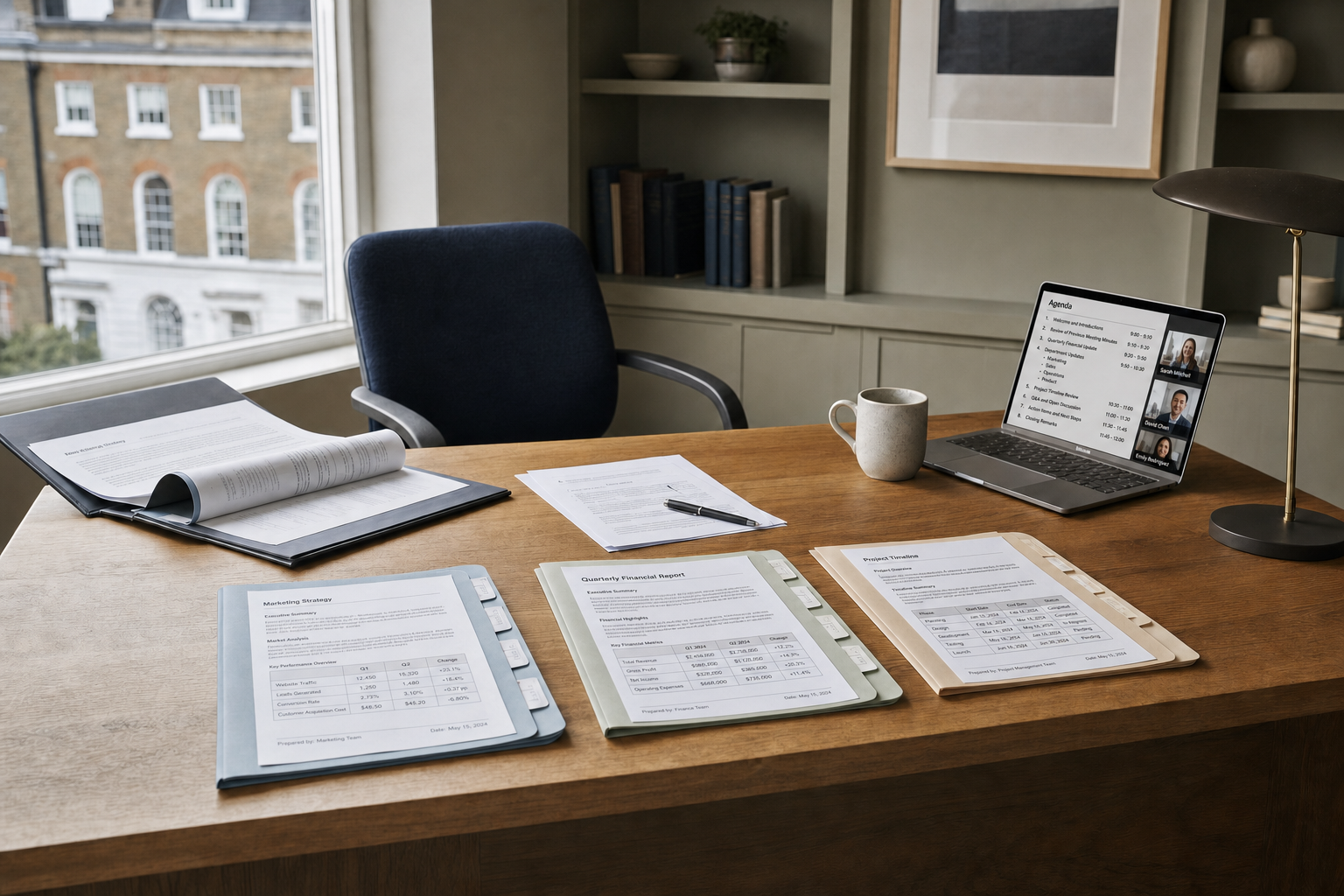 Office desk with documents, a laptop on a video call, a pen, and a coffee mug in a modern workspace.