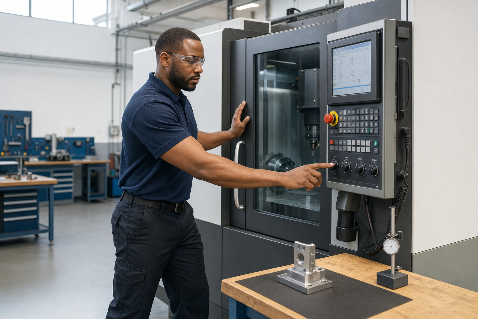 Engineer operating a CNC machine in a workshop while wearing safety glasses.