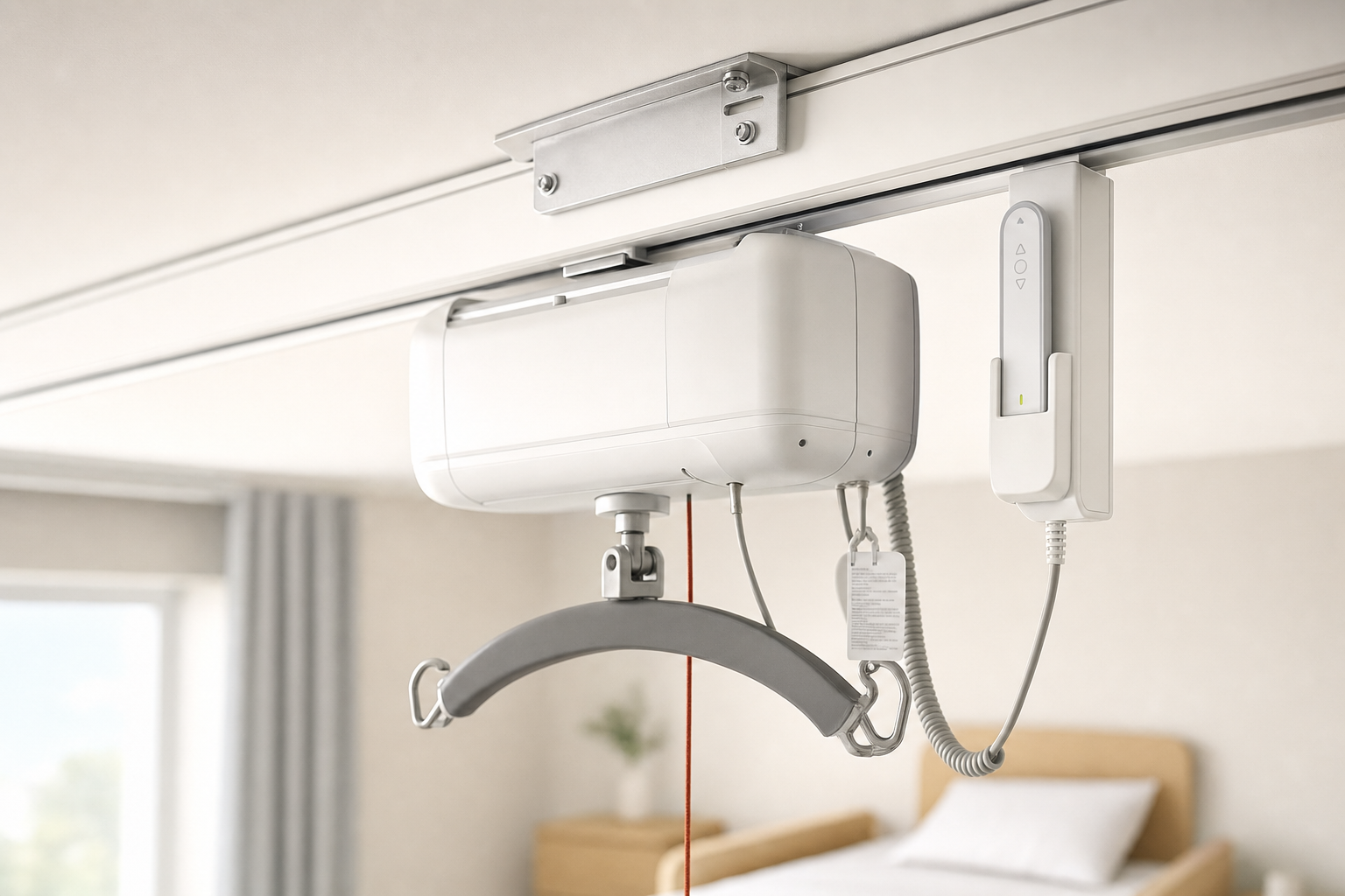 Ceiling-mounted hoist system with remote control, used for lifting, in a bedroom setting.