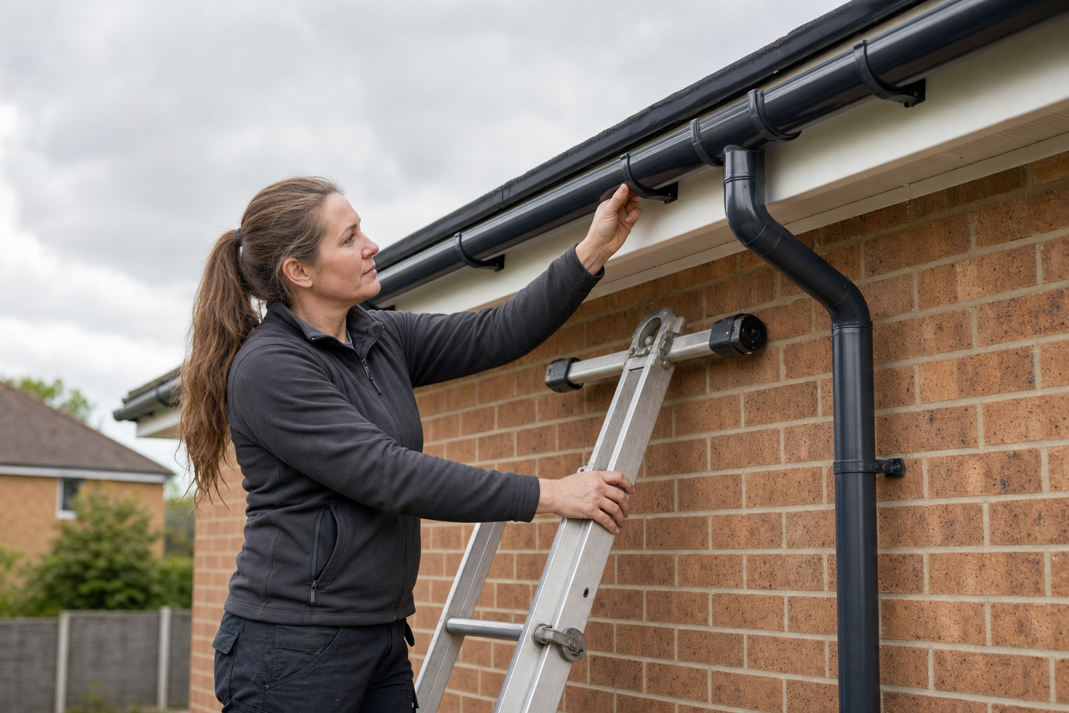 A woman inspects a house's guttering while standing on a ladder against a brick wall.