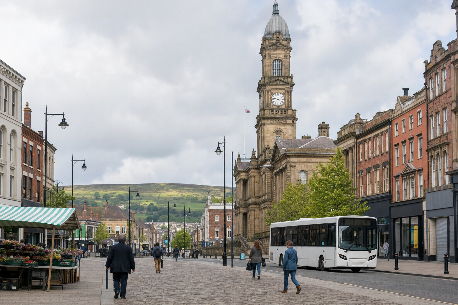 A cobblestone street with people, a clock tower, and a white bus, set against rolling green hills.