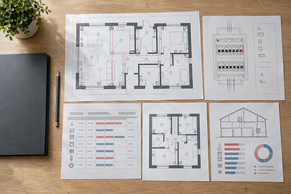 Architectural blueprints and diagrams spread on a wooden desk with a pencil and notebook.