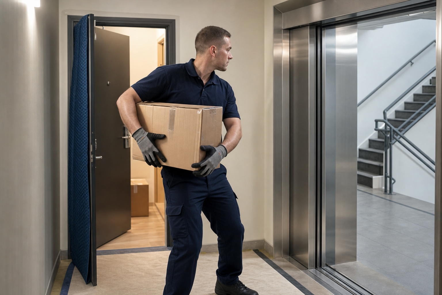 A man in a uniform and gloves holds a cardboard box and stands by an open lift door in a building corridor.