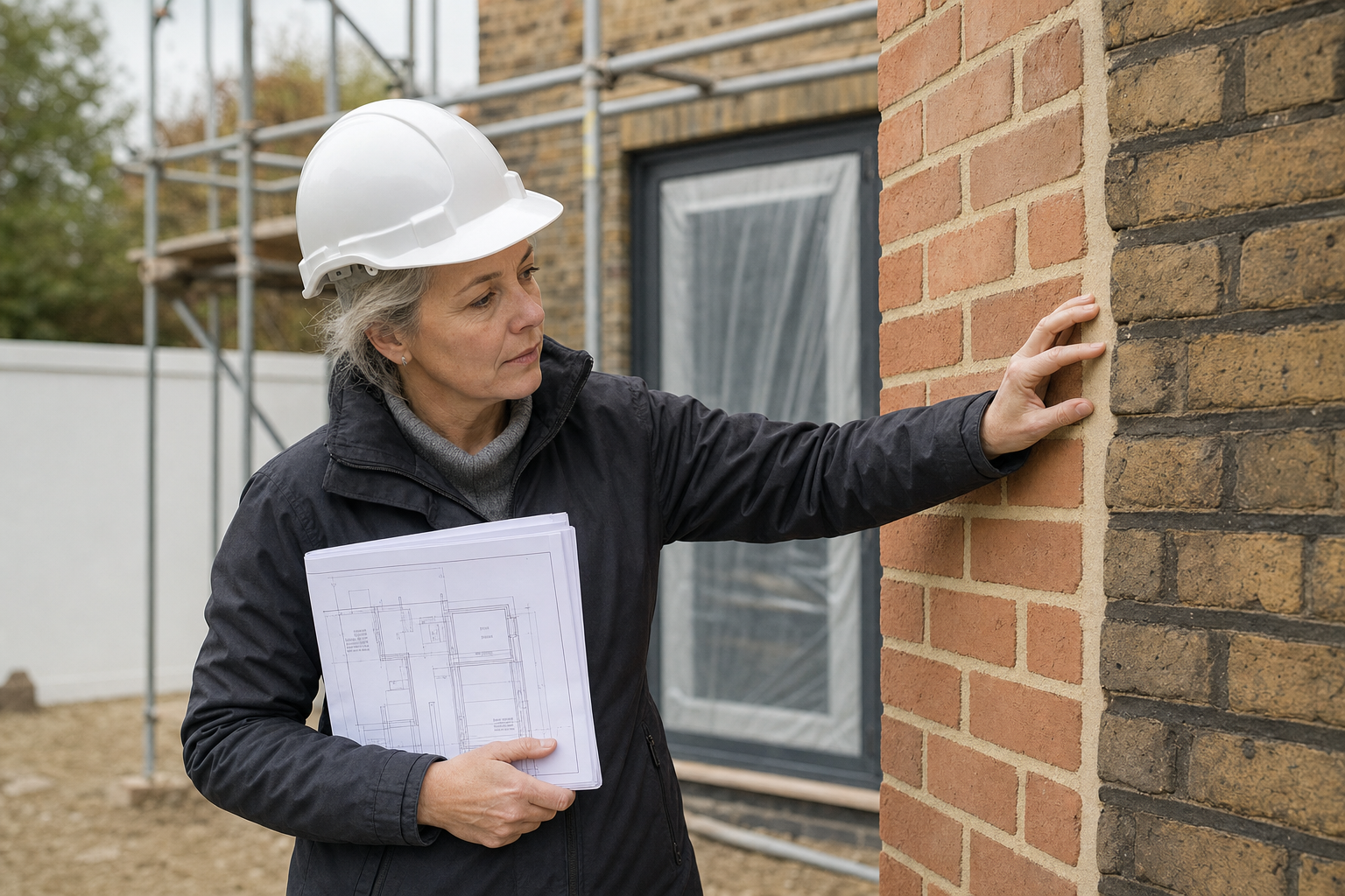 Architect wearing a hard hat inspects a brick wall at a construction site while holding building plans.