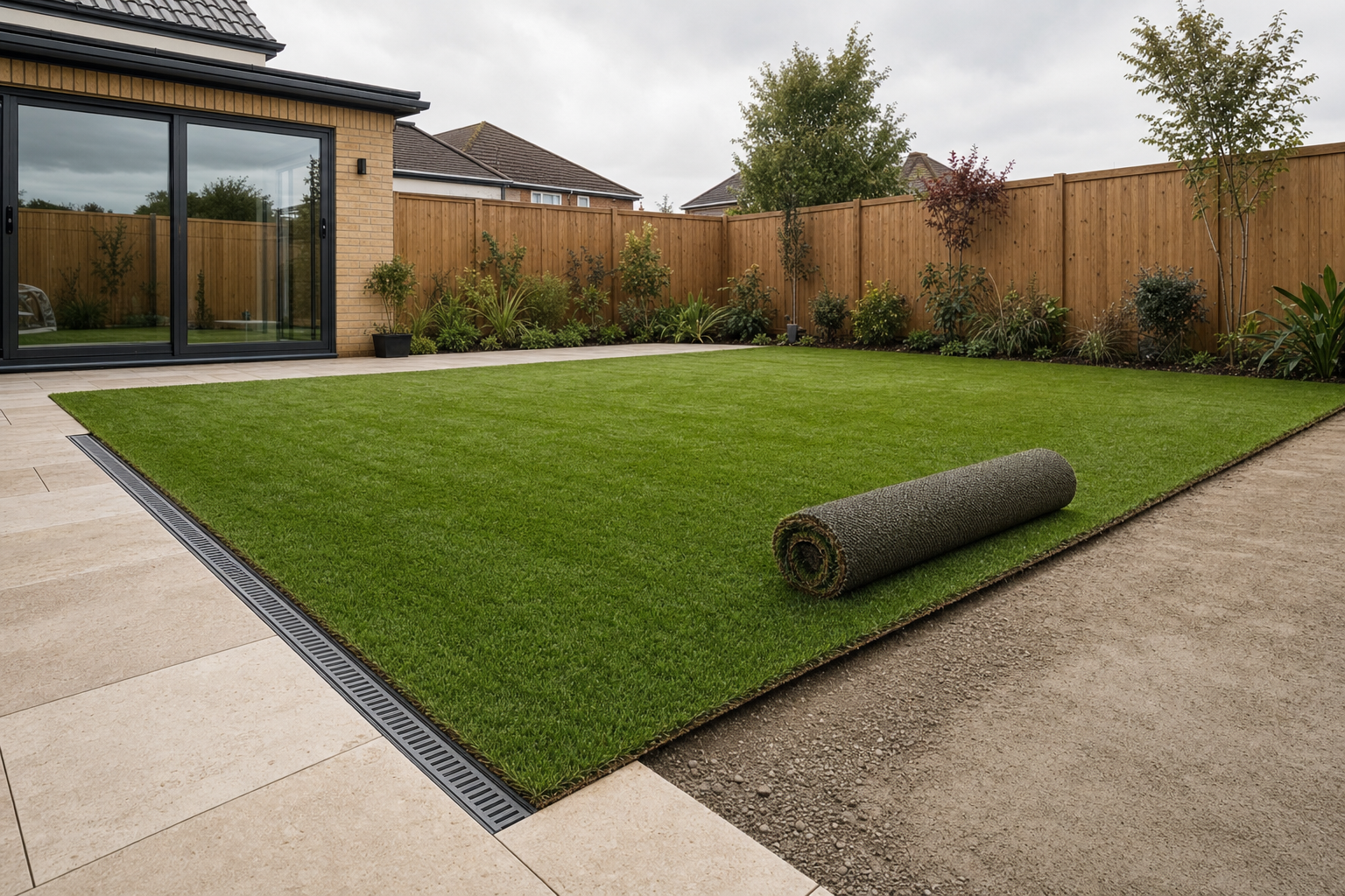 A freshly laid artificial lawn with a roll of turf on a modern patio in a fenced garden.