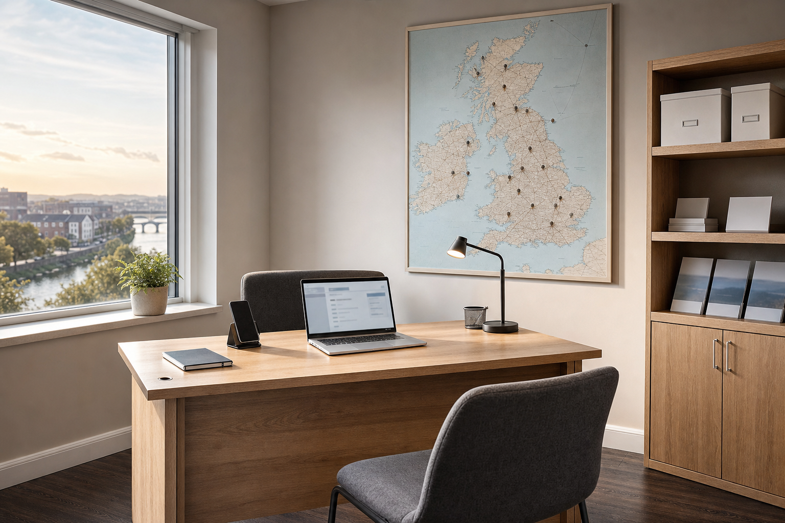 Modern office with a wooden desk, laptop, and large UK map on the wall, overlooking a city river view through a window.