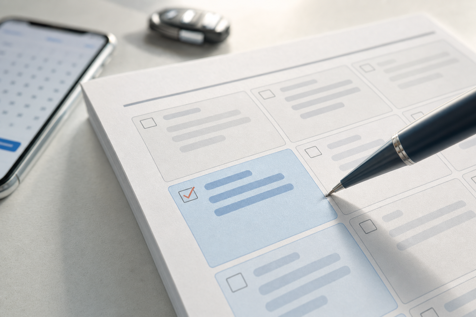 A pen marks a checklist on a document next to a smartphone and car key on a desk.