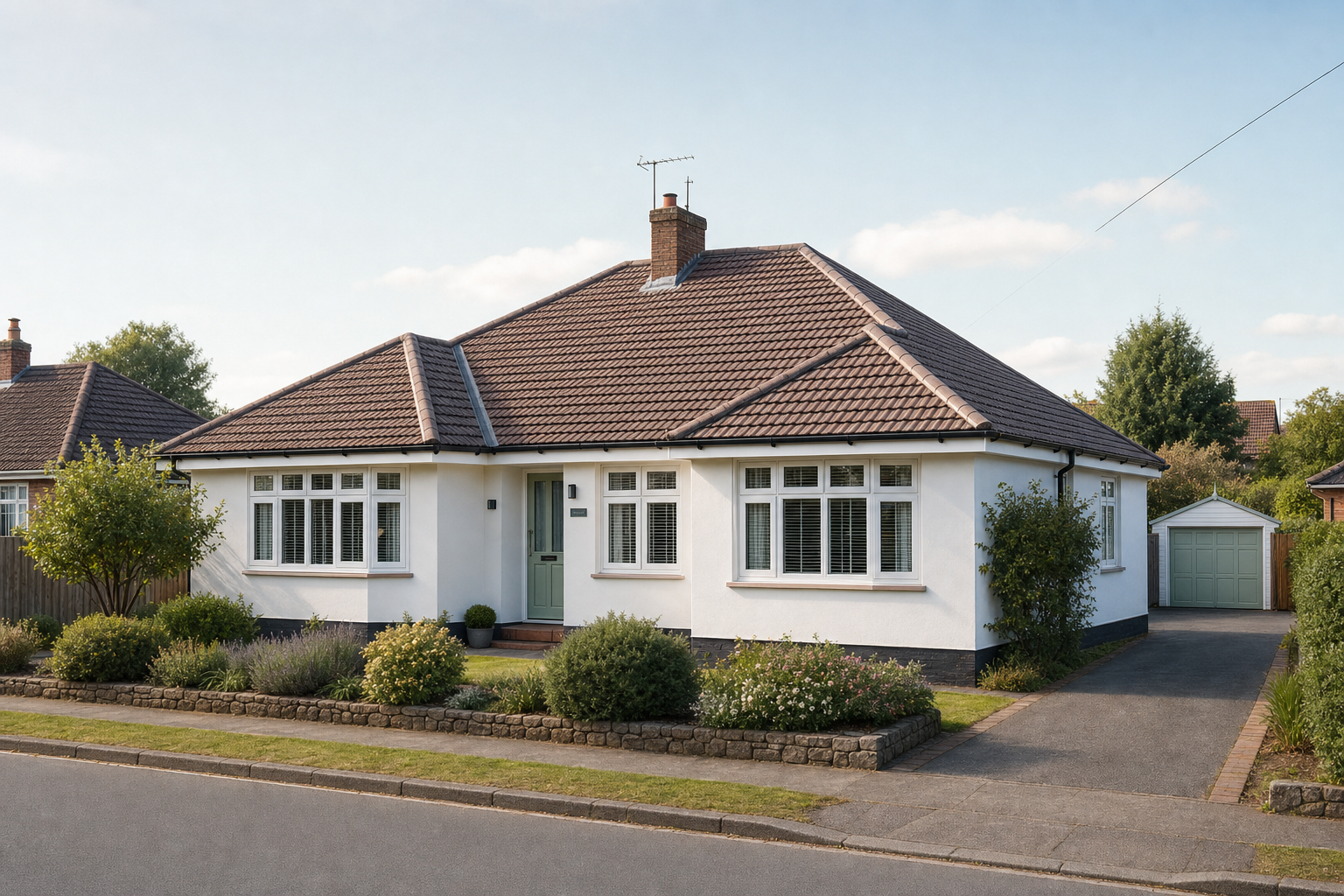 Single-storey white bungalow with a brown tiled roof, surrounded by a small garden and driveway leading to a detached garage.