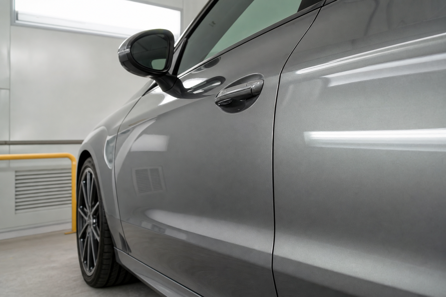 Sleek grey car door and side mirror with reflecting light in a modern indoor garage.